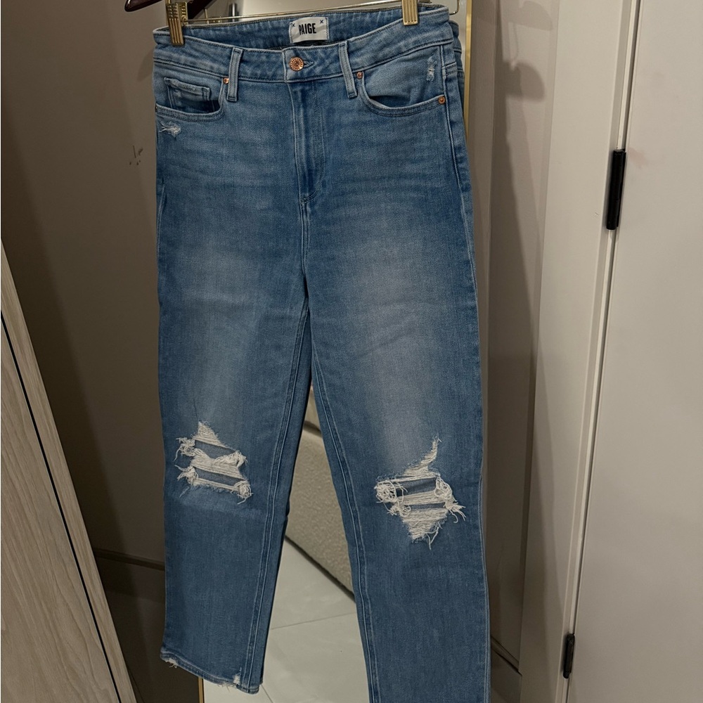 PAIGE Light Blue Distressed Straight Leg Jeans